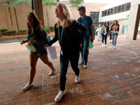 Skyla Lynk-Romano, 15, who suffered a traumatic brain injury when she was struck by a car on January 5th attends her first day of school at the Greater New Bedford Regional Vocational Technical High School after a long rehabilitation process at the Pappas Rehabilitation Hospital for Children in Canton, MA. On January 5, 2017, Skyla, a freshman at Greater New Bedford Regional Vocational-Technical High School, was crossing Dartmouth Street to meet her father after leaving the Dancer’s Edge studio when she was hit by a car and critically injured. The driver, Jessica Skaggs, 34, fled the scene before turning herself in. Skaggs has been sentenced to six months at the House of Corrections, but the sentense was suspended for two years. PHOTO PETER PEREIRA